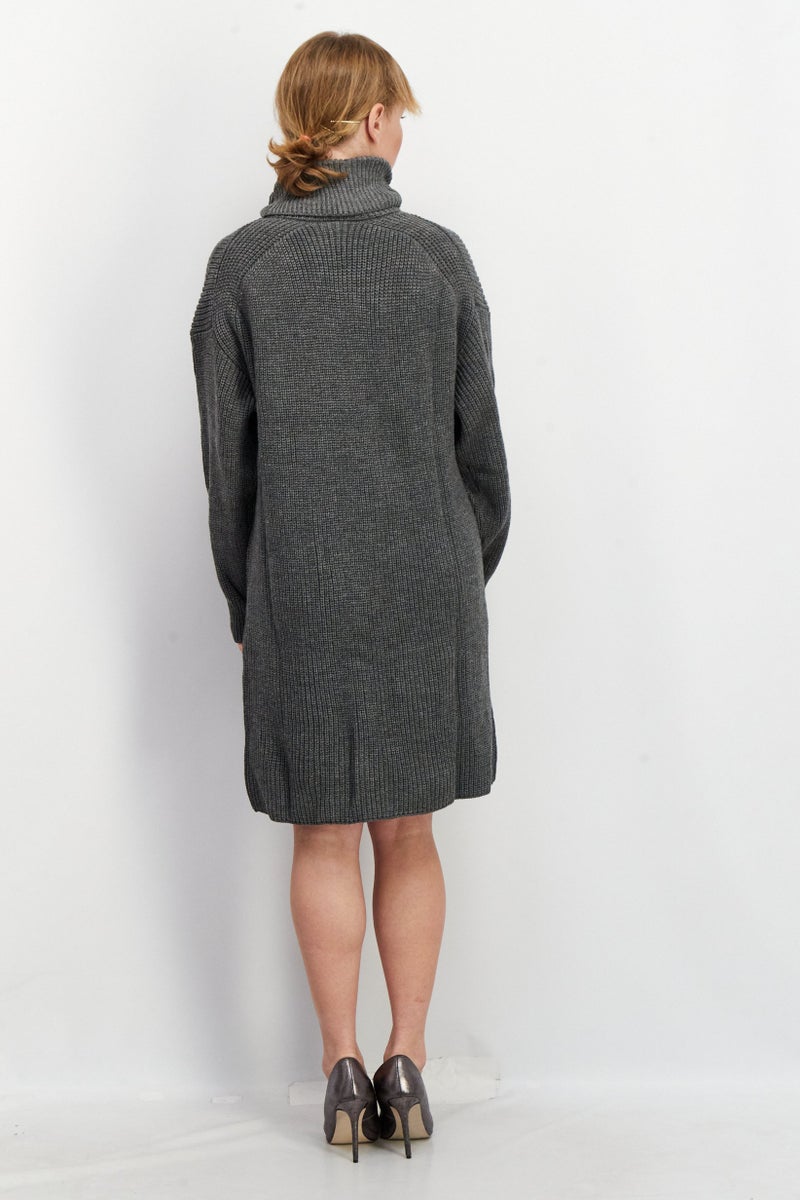 Women Textured Long Sleeve Sweater Dress, Grey