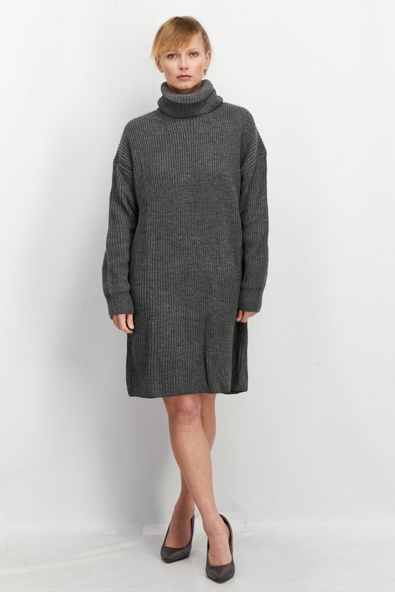 Women Textured Long Sleeve Sweater Dress, Grey