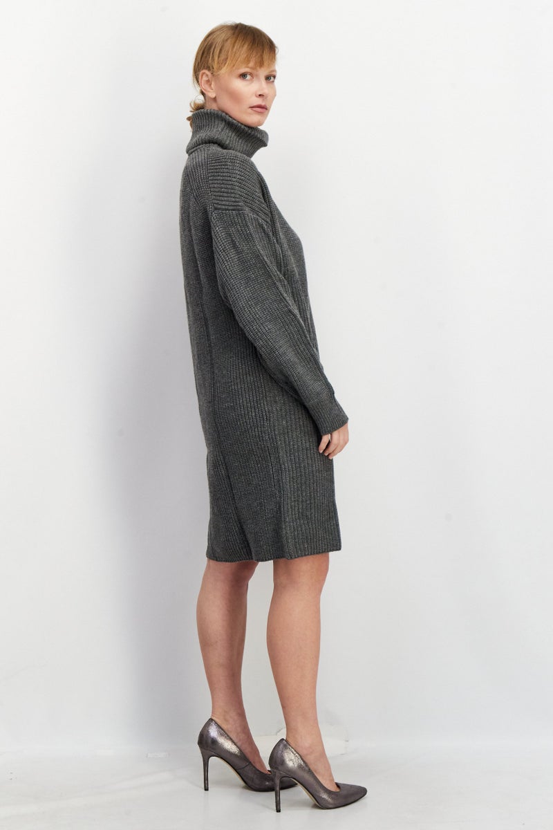 Women Textured Long Sleeve Sweater Dress, Grey