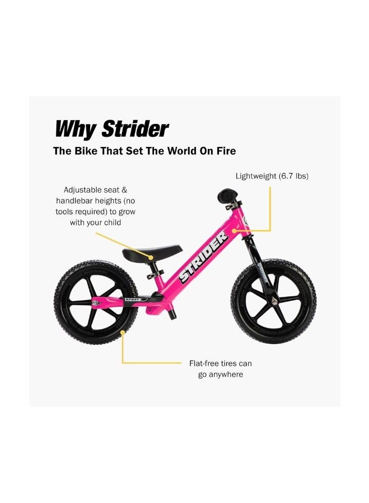 Strider 12” Sport Bike - No Pedal Balance Bicycle for Kids 18 Months to 5 Years - Includes Safety Pad, Padded Seat, Mini Grips & Flat-Free Tires - Tool-Free Assembly & Adjustments