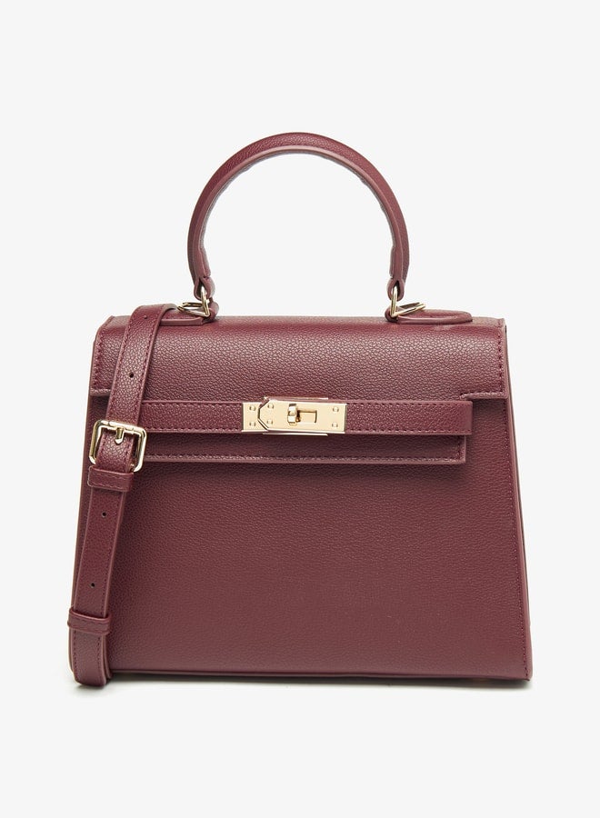 Women Solid Satchel Bag with Detachable Strap and Button Closure