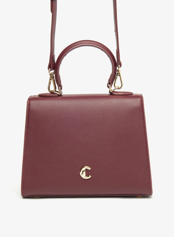 Women Solid Satchel Bag with Detachable Strap and Button Closure