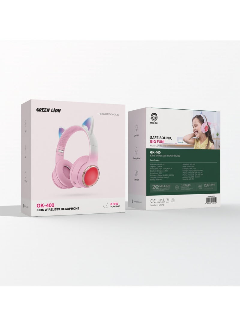 GL-400 Kids Wireless with LED Lights Headphone / Powerful 400mAh Battery / 8H Long Lasting Playing Time / Volume Limiting for Hearing Protection / Long Range 10m Bluetooth Distance / High Quality ABS+PU Material / Light Effect / Light Weight / Flashing Modes / AUX / Type C / BT5.3 / TF card - Pink