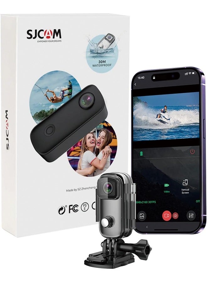 SJCAM C100+ Mini WiFi Action Camera 4K30fps Pocket Wearable Body Camera, Magnetic APP Control, Underwater 98FT Waterproof Helmet Camera with Mount Kits 32G SD Card, Weighs 1oz, 2.4 * 1 * 0.6 inch