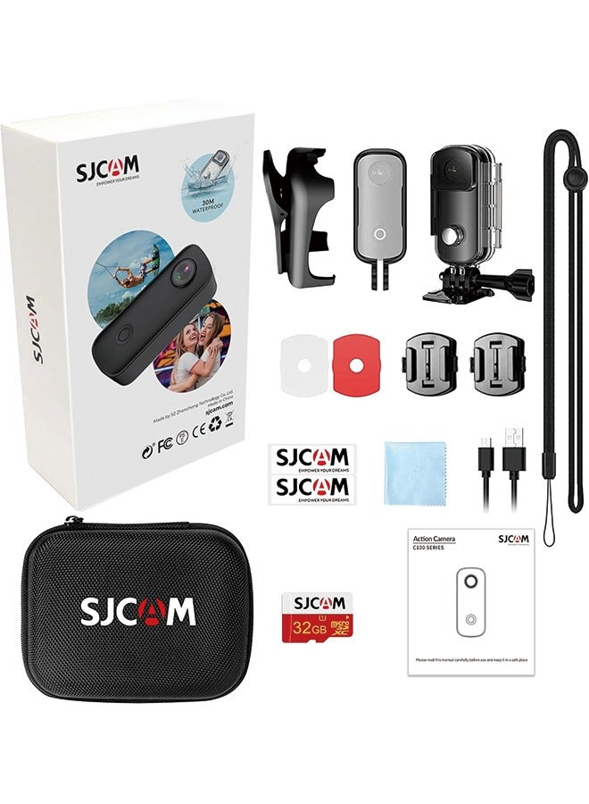 SJCAM C100+ Mini WiFi Action Camera 4K30fps Pocket Wearable Body Camera, Magnetic APP Control, Underwater 98FT Waterproof Helmet Camera with Mount Kits 32G SD Card, Weighs 1oz, 2.4 * 1 * 0.6 inch
