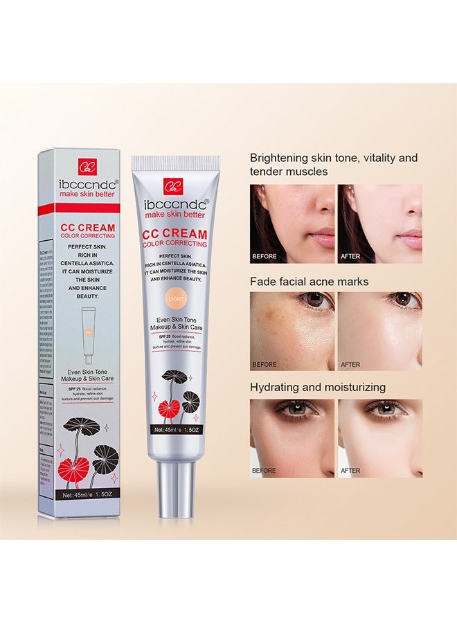 Skin Tone Correcting CC Cream with Centella Asiatica, Concealing and Moisturising CC Cream Color Correcting, Repairing Redness and Acne Marks, Water and Sweat Resistant, SPF 25 (02#LIGHT)
