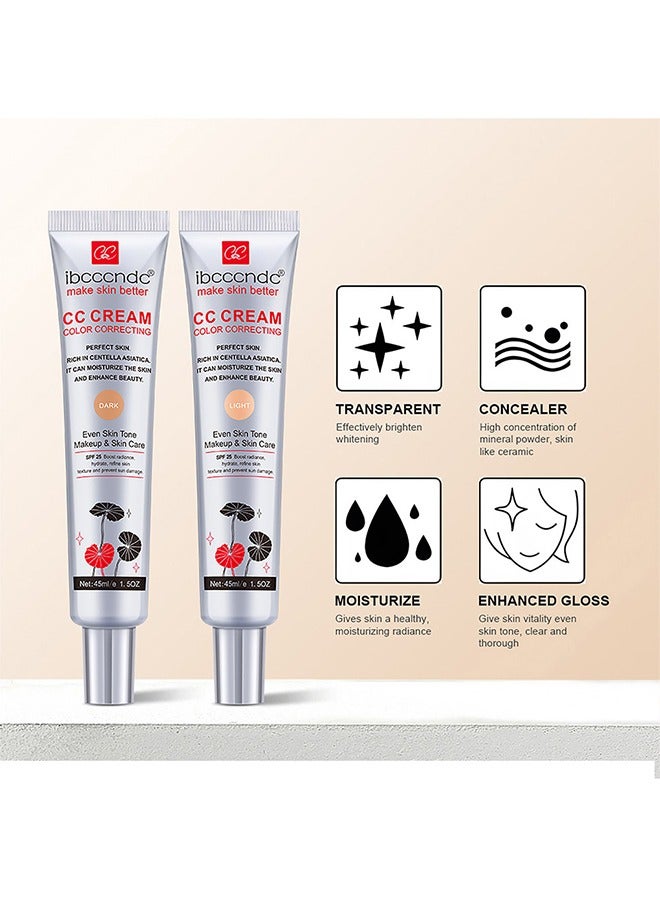 Skin Tone Correcting CC Cream with Centella Asiatica, Concealing and Moisturising CC Cream Color Correcting, Repairing Redness and Acne Marks, Water and Sweat Resistant, SPF 25 (02#LIGHT)