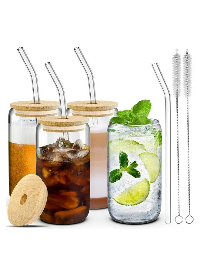 4 Pcs Drinking Glasses with Bamboo Lids and Glass Straw - 16 Oz Can Shaped Glass Cups Beer, Ice Coffee Glasses Cute Tumbler Cup Great for Soda Boba Tea Cocktail Include 2 Cleaning Brushes