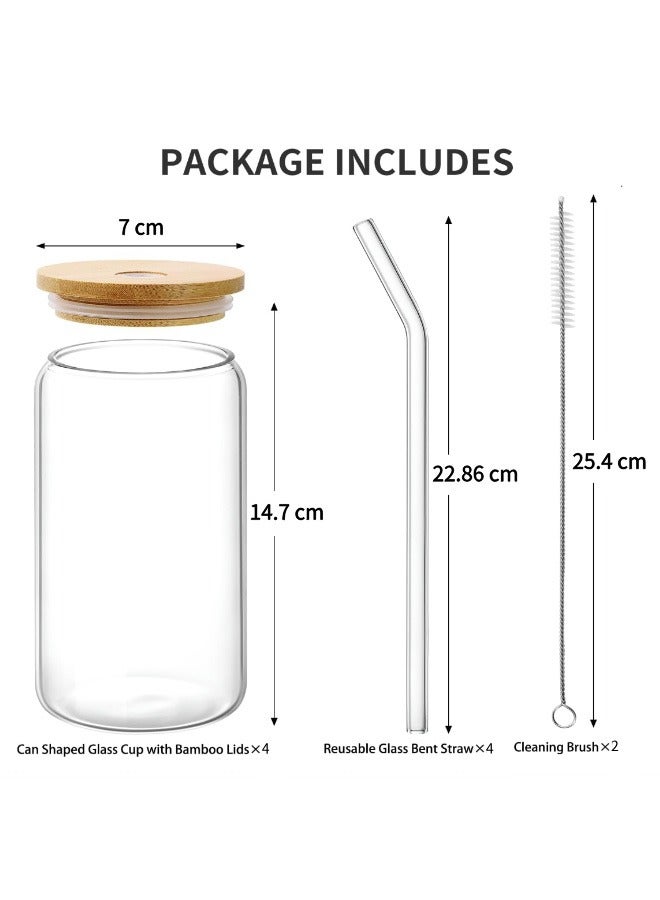 4 Pcs Drinking Glasses with Bamboo Lids and Glass Straw - 16 Oz Can Shaped Glass Cups Beer, Ice Coffee Glasses Cute Tumbler Cup Great for Soda Boba Tea Cocktail Include 2 Cleaning Brushes