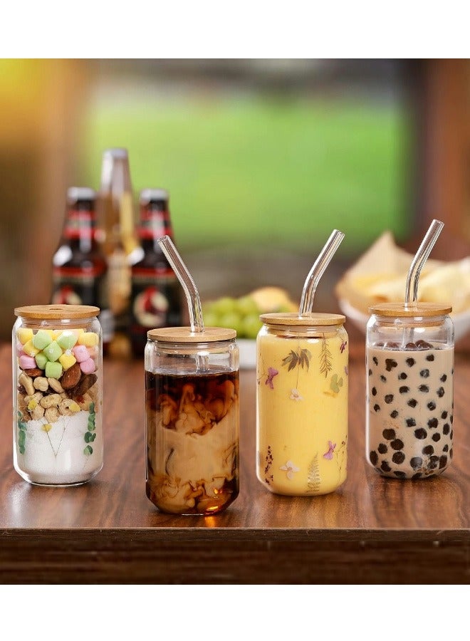4 Pcs Drinking Glasses with Bamboo Lids and Glass Straw - 16 Oz Can Shaped Glass Cups Beer, Ice Coffee Glasses Cute Tumbler Cup Great for Soda Boba Tea Cocktail Include 2 Cleaning Brushes