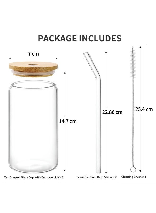 2 Pcs Glass Cups with Bamboo Lids and Straw,16 OZ Beer Can Shaped Drinking glasses,Iced Coffee Cups,Glass Tumbler with Straw and Lid for Smoothie Cocktail Whiskey Tea Juice Gift