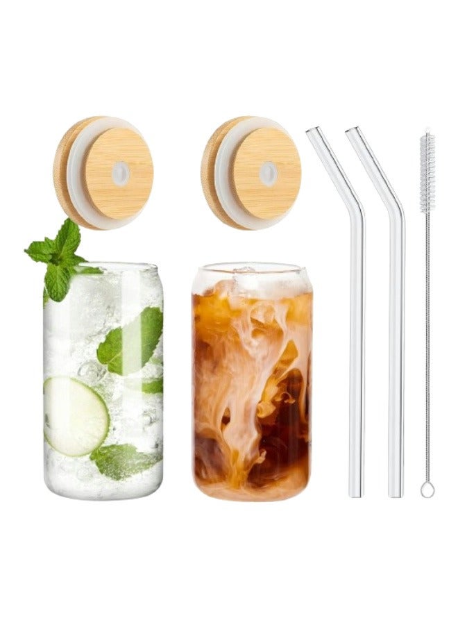 2 Pcs Glass Cups with Bamboo Lids and Straw,16 OZ Beer Can Shaped Drinking glasses,Iced Coffee Cups,Glass Tumbler with Straw and Lid for Smoothie Cocktail Whiskey Tea Juice Gift