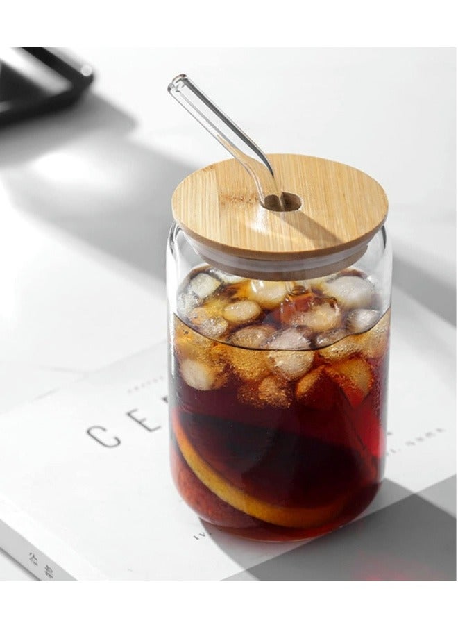 2 Pcs Glass Cups with Bamboo Lids and Straw,16 OZ Beer Can Shaped Drinking glasses,Iced Coffee Cups,Glass Tumbler with Straw and Lid for Smoothie Cocktail Whiskey Tea Juice Gift