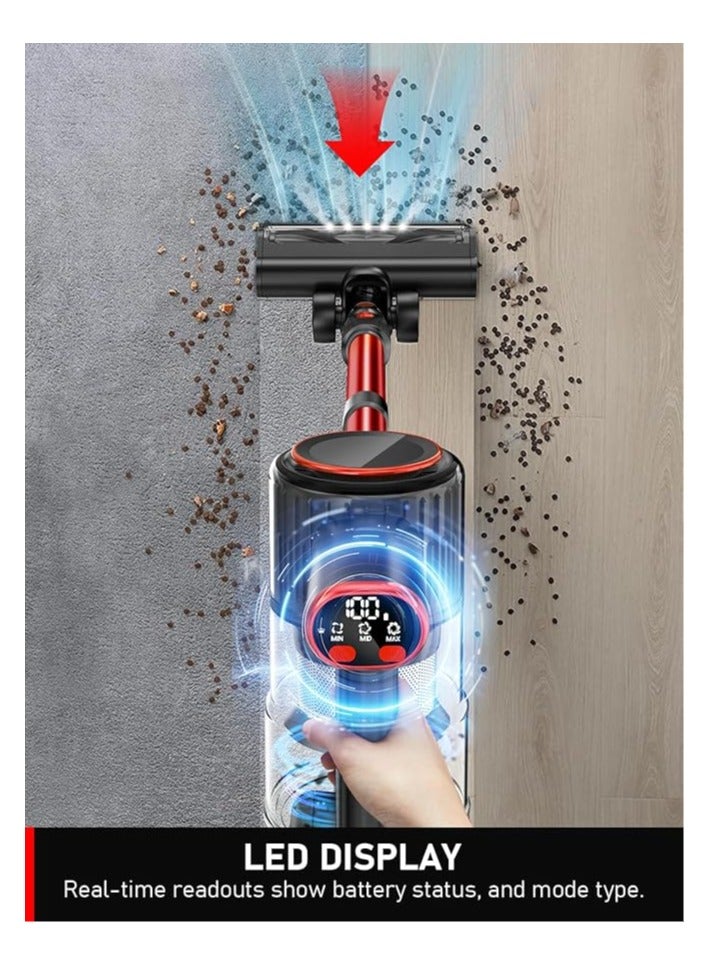 Cordless Vacuum Cleaner, 30Kpa Powerful Suction with LED Display, 3 Modes Suction, Anti-Tangle