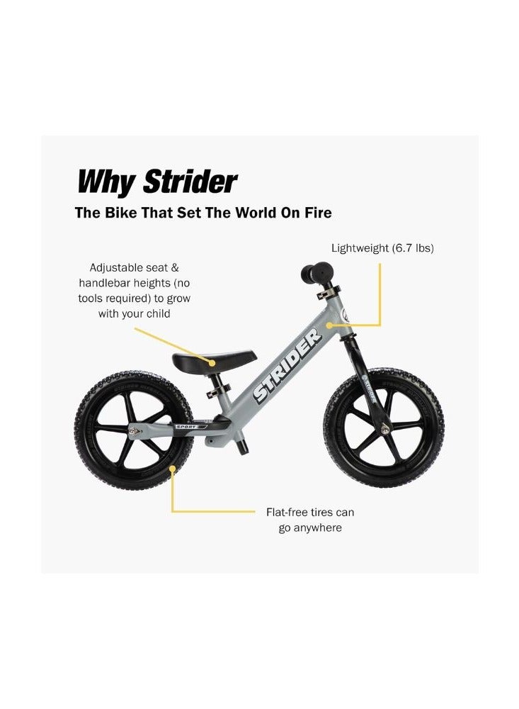 Strider 12” Sport Bike - No Pedal Balance Bicycle for Kids 18 Months to 5 Years - Includes Safety Pad, Padded Seat, Mini Grips & Flat-Free Tires - Tool-Free Assembly & Adjustments