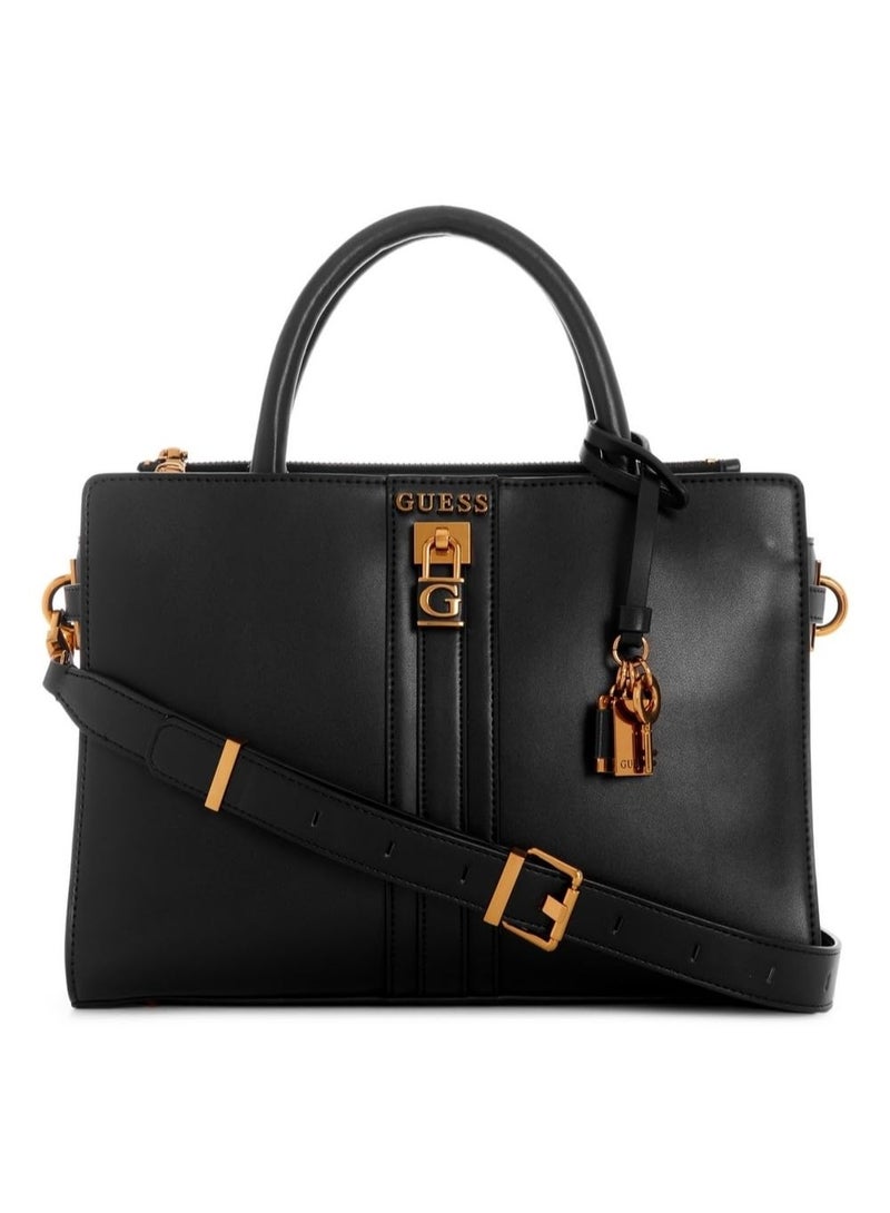 GUESS Ginevra Logo Elite Society Black Satchel for Women Latte logo VZ873406