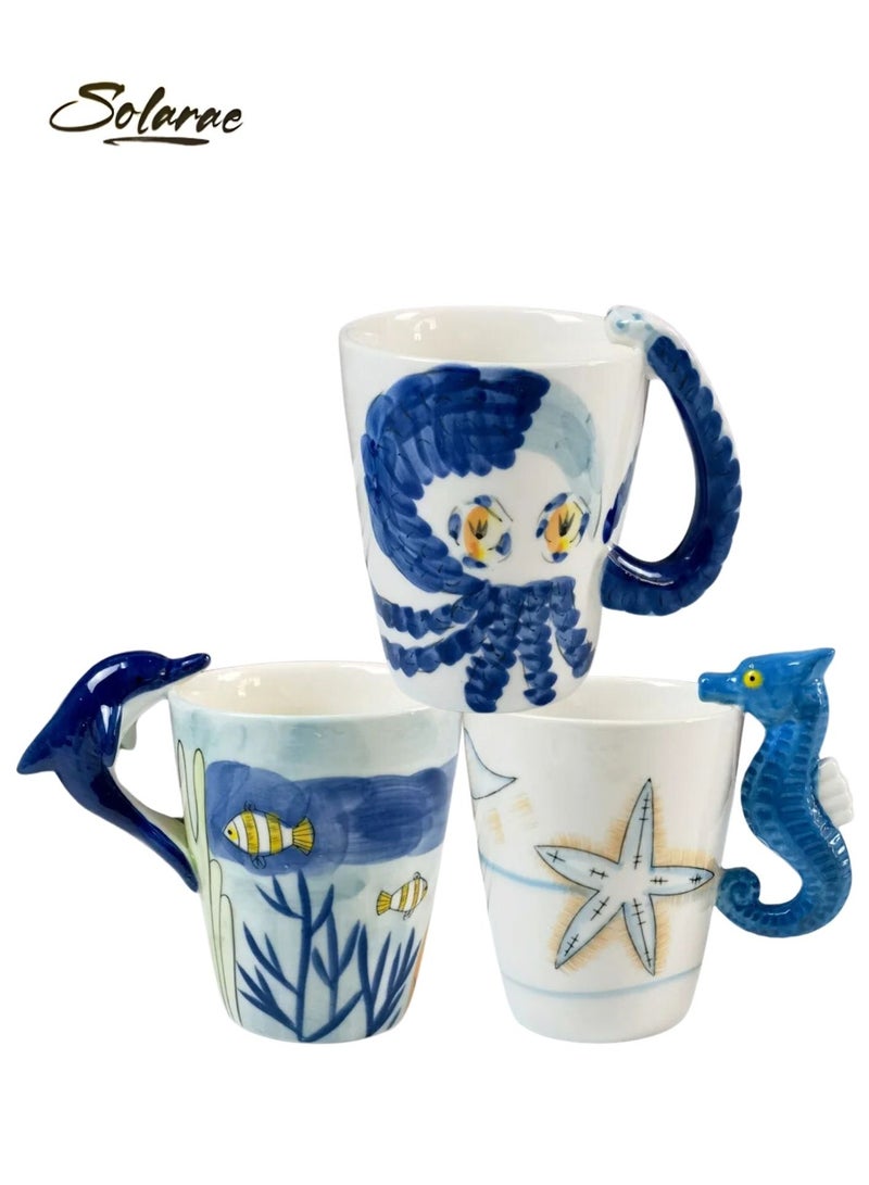 Set of 3 Creative Art Coffee Mug, Handmade Hand Painted Ceramic Milk Cups Mug Ocean Animals Style with Handle  for Family, Friends, and Colleagues on Various Occasions