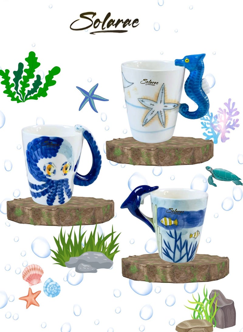 Set of 3 Creative Art Coffee Mug, Handmade Hand Painted Ceramic Milk Cups Mug Ocean Animals Style with Handle  for Family, Friends, and Colleagues on Various Occasions