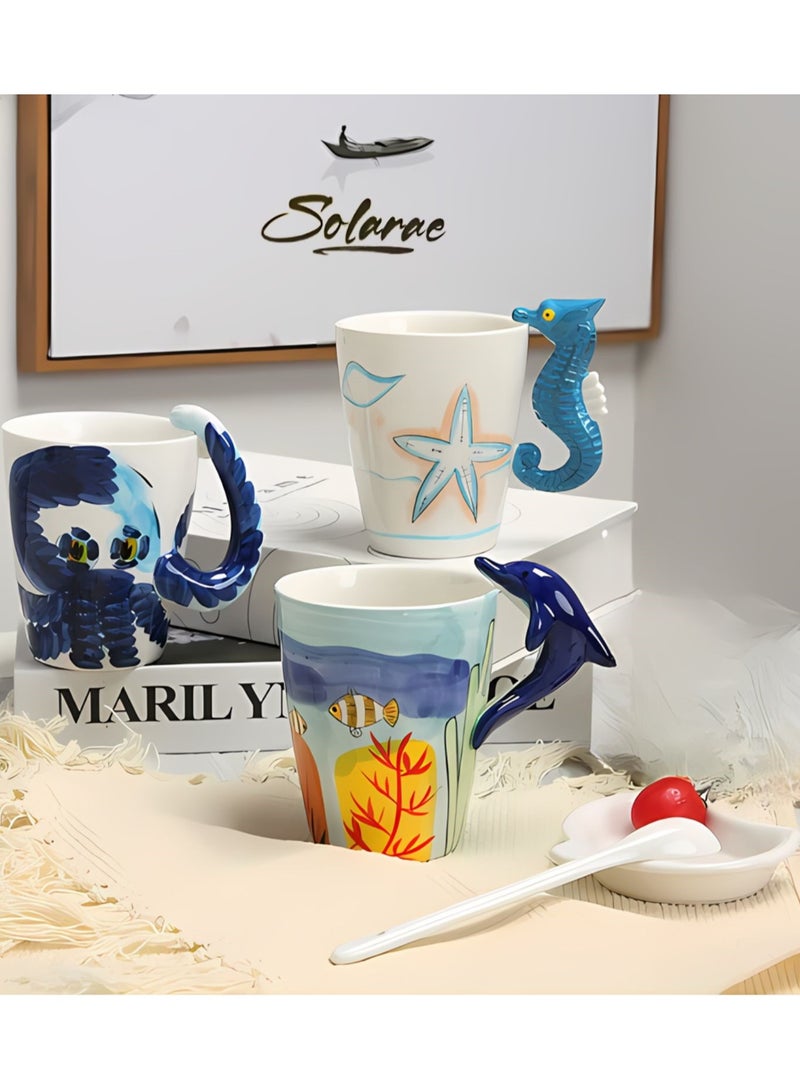 Set of 3 Creative Art Coffee Mug, Handmade Hand Painted Ceramic Milk Cups Mug Ocean Animals Style with Handle  for Family, Friends, and Colleagues on Various Occasions