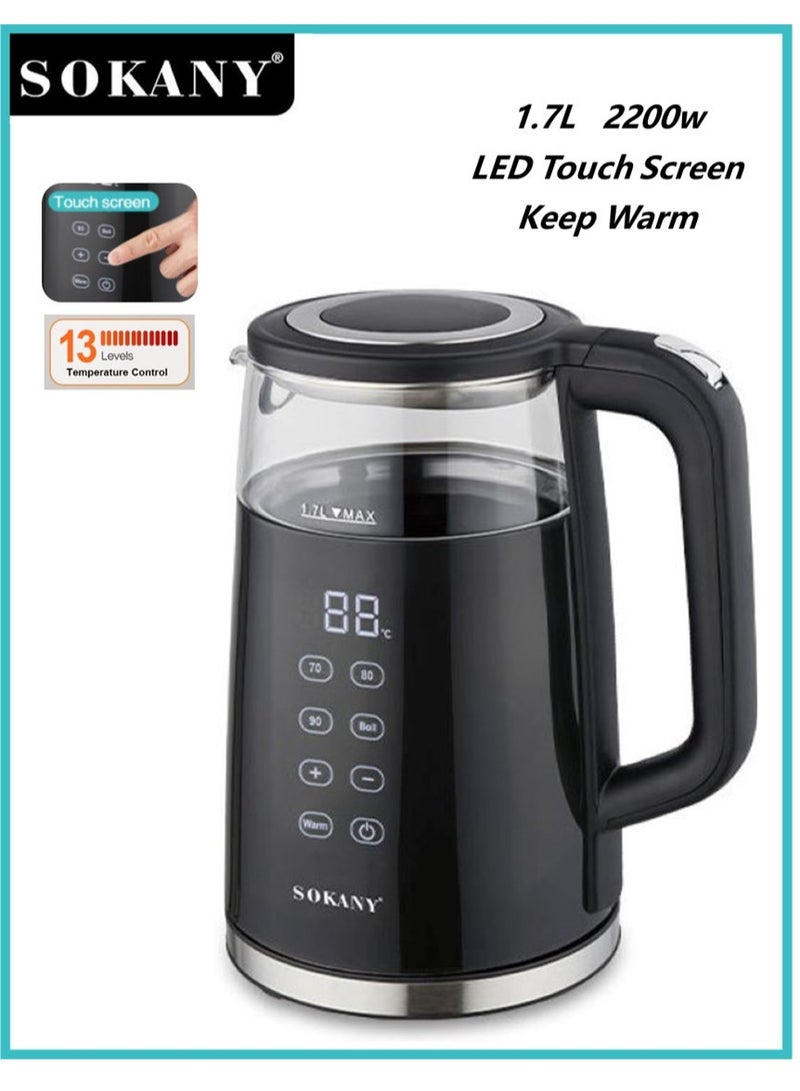 SOKANY Digital Kettle, Electric Kettle 2200W Fast Water Boiler, 1.7L Glass Kettle With 13 Temperature Options to Keep Warm For LED Touch Screen, Double Wall Anti Scald Boiler Up To 2H Keep Warm For Home, Auto Shut Off