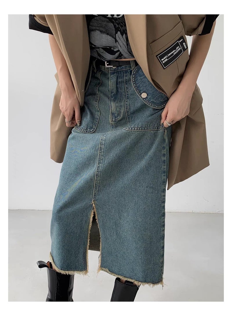 Retro blue high-waisted skirt High-waisted A-line straight denim skirt