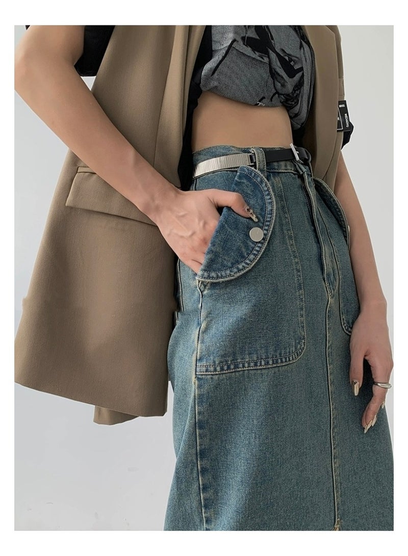 Retro blue high-waisted skirt High-waisted A-line straight denim skirt