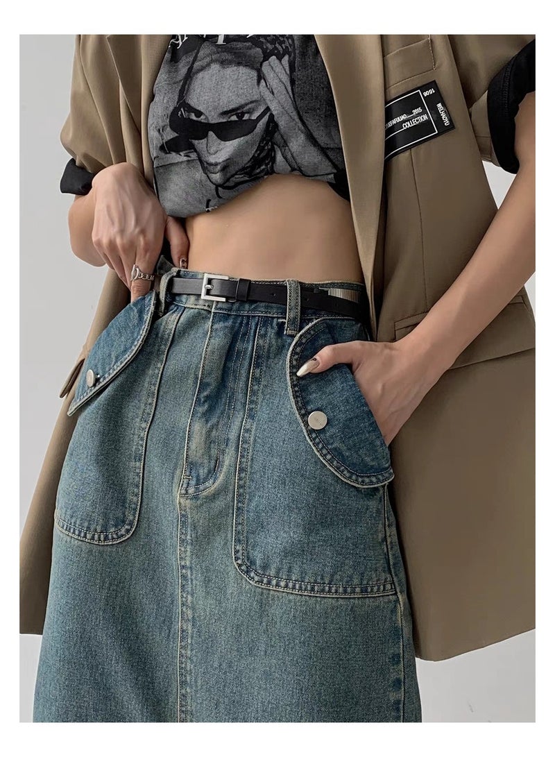 Retro blue high-waisted skirt High-waisted A-line straight denim skirt