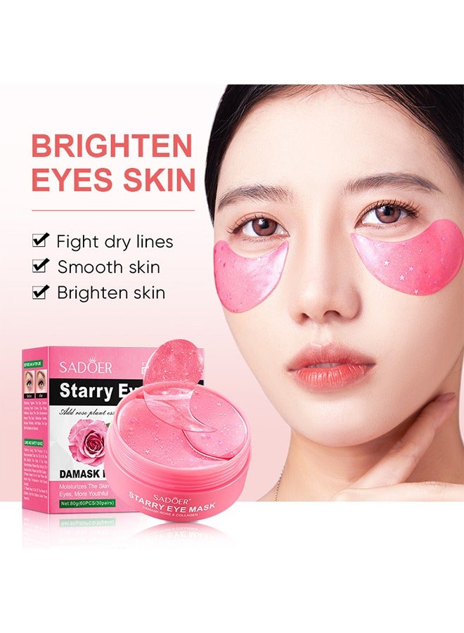 Damask Rose Starry Eye Mask Brightening Eye Rim Rose Moisturizing Eye Mask,  Acid Treats Puffiness and Dark Circles, Reduces Eye Bags, Smoothes Wrinkles, and Brightens Skin 60PCS