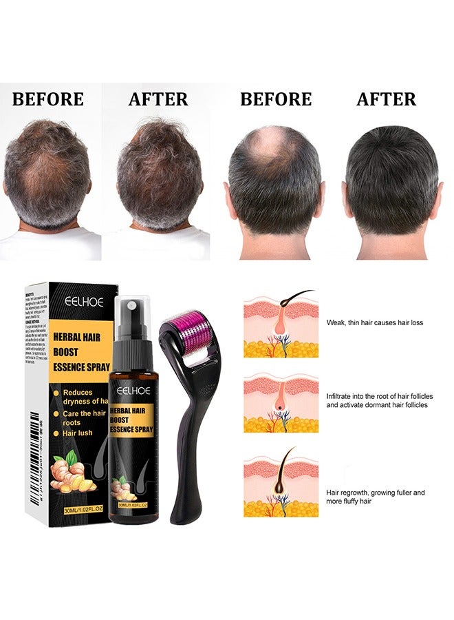 Herbal Hair Boost Essence Spray - Regrowth Treatment Anti Hair Loss Serum Hair Growth Essence Spray Micro Needling Roller Set For Bald Head 30ml