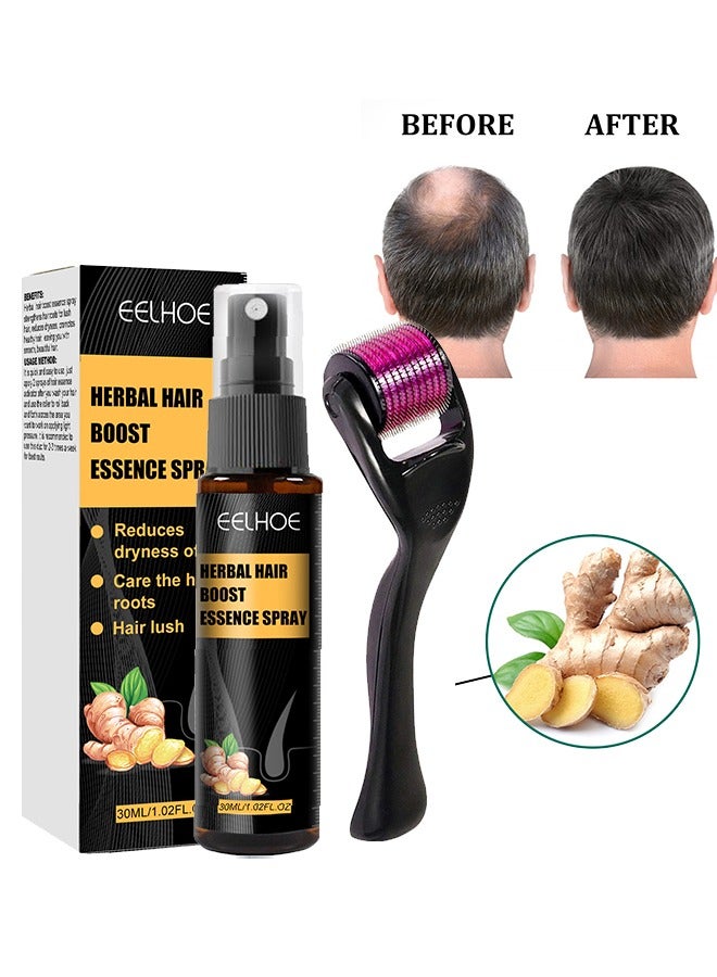 Herbal Hair Boost Essence Spray - Regrowth Treatment Anti Hair Loss Serum Hair Growth Essence Spray Micro Needling Roller Set For Bald Head 30ml