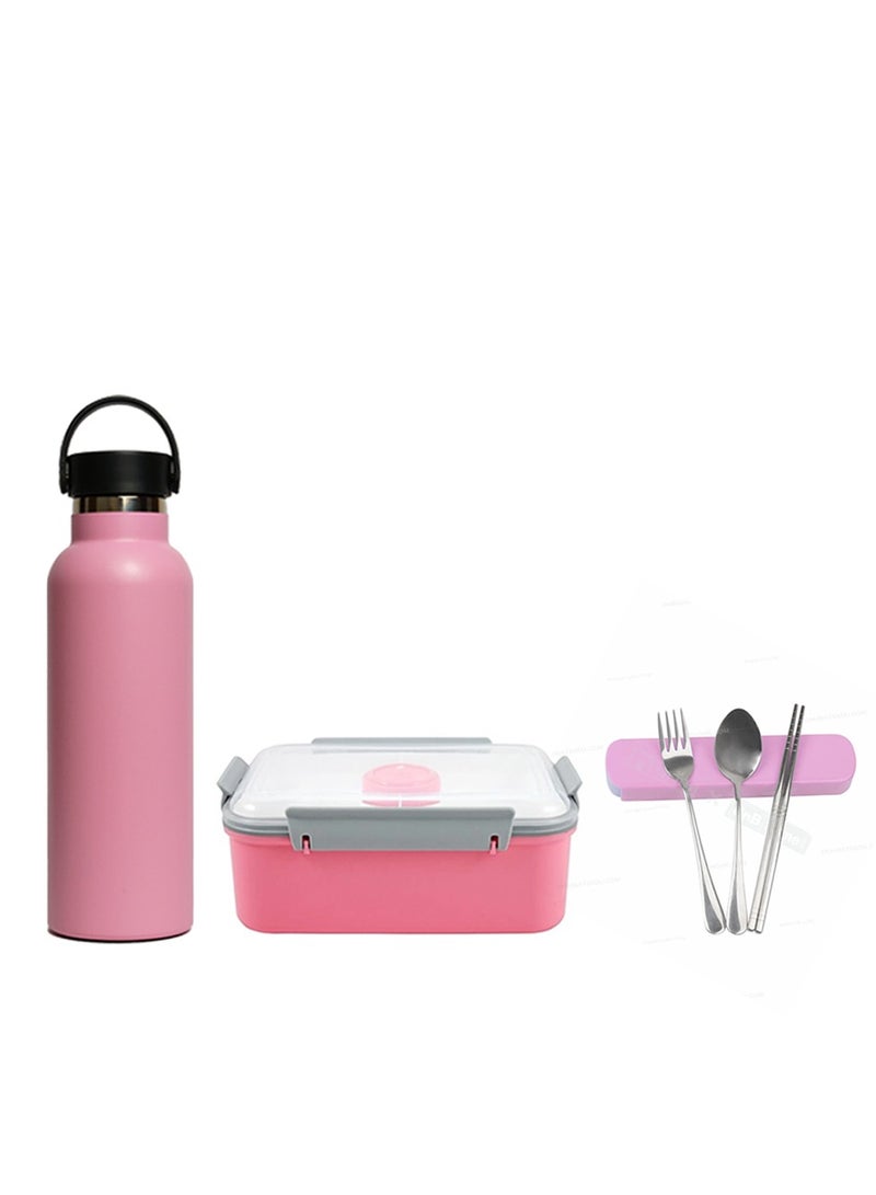 Star Babies BTS Collections - Insulated Stainless Water Bottle with Carry Cap & Sports Cap 600ml,  Lunch Box BPA Free with Spoon and Fork with Free Spoon and Fork - Pack of 2 - Pink