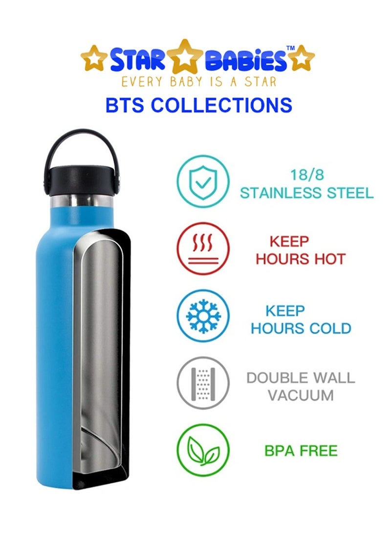 Star Babies BTS Collections - Insulated Stainless Water Bottle with Carry Cap & Sports Cap 600ml,  Lunch Box BPA Free with Spoon and Fork with Free Spoon and Fork - Pack of 2 - Pink