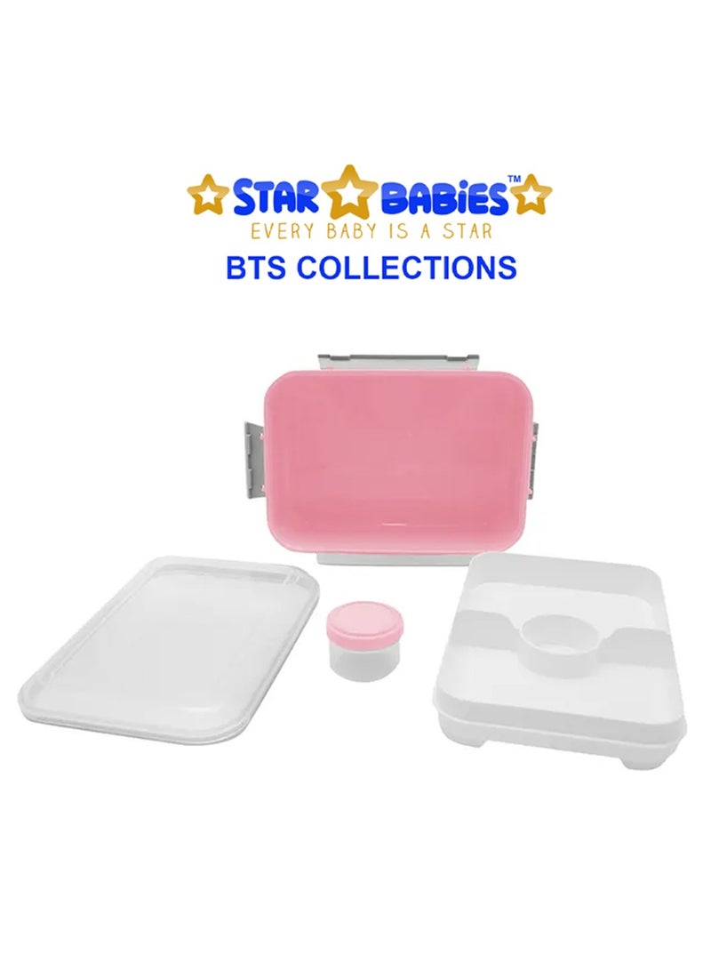 Star Babies BTS Collections - Insulated Stainless Water Bottle with Carry Cap & Sports Cap 600ml,  Lunch Box BPA Free with Spoon and Fork with Free Spoon and Fork - Pack of 2 - Pink