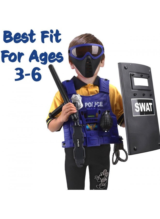 Ultimate All-In-One Kids Police Role Play Toy Kit - 15-Piece Policeman Pretend Play Set - Swat Costume Accessories For Dress Up And Kids Costumes - Badge, Shield, Vest, Handcuffs Included