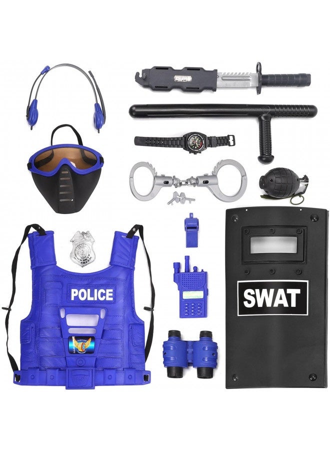 Ultimate All-In-One Kids Police Role Play Toy Kit - 15-Piece Policeman Pretend Play Set - Swat Costume Accessories For Dress Up And Kids Costumes - Badge, Shield, Vest, Handcuffs Included