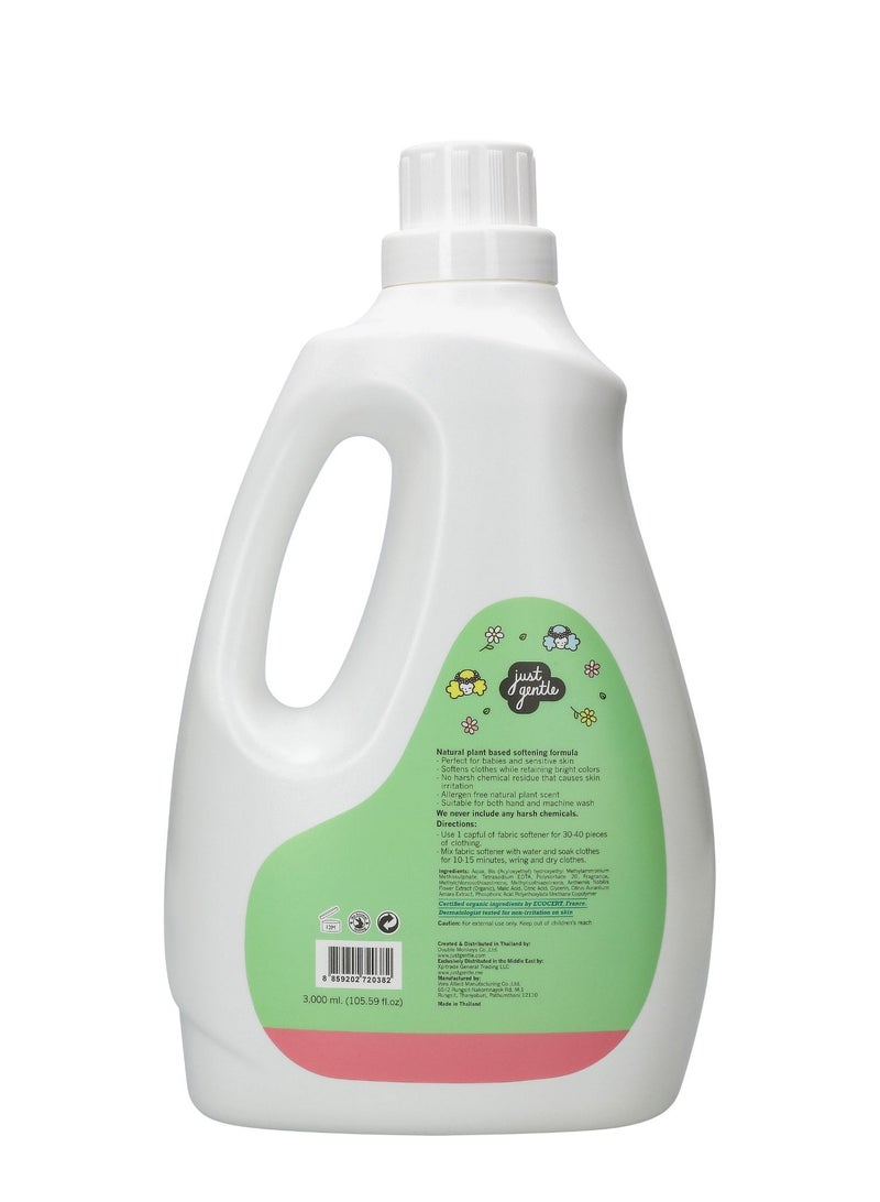 Just Gentle Fabric Softener 3Liter | Plant-based and hypoallergenic liquid softener | Natural fresh floral scent. Made with sensntive skin in mind. Natural Ingredients used certified by EcoCert.