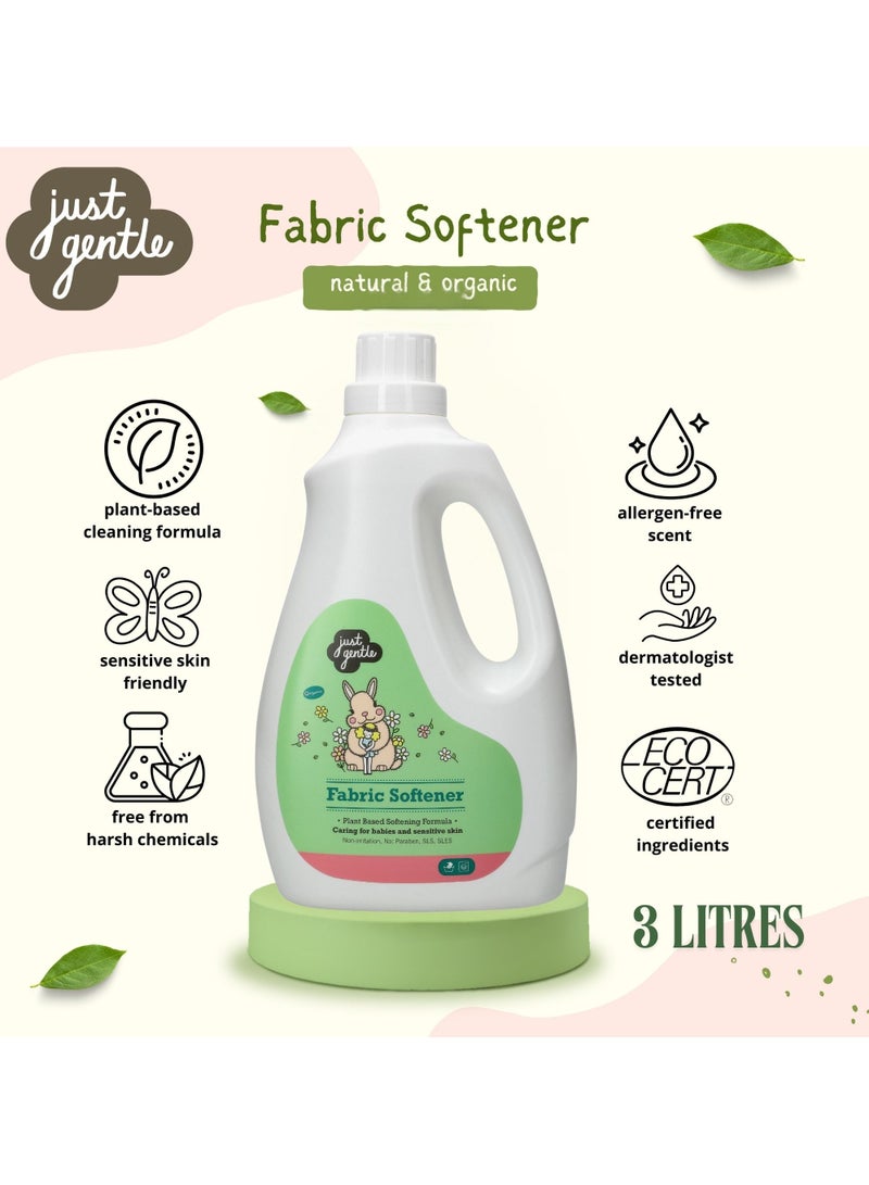 Just Gentle Fabric Softener 3Liter | Plant-based and hypoallergenic liquid softener | Natural fresh floral scent. Made with sensntive skin in mind. Natural Ingredients used certified by EcoCert.