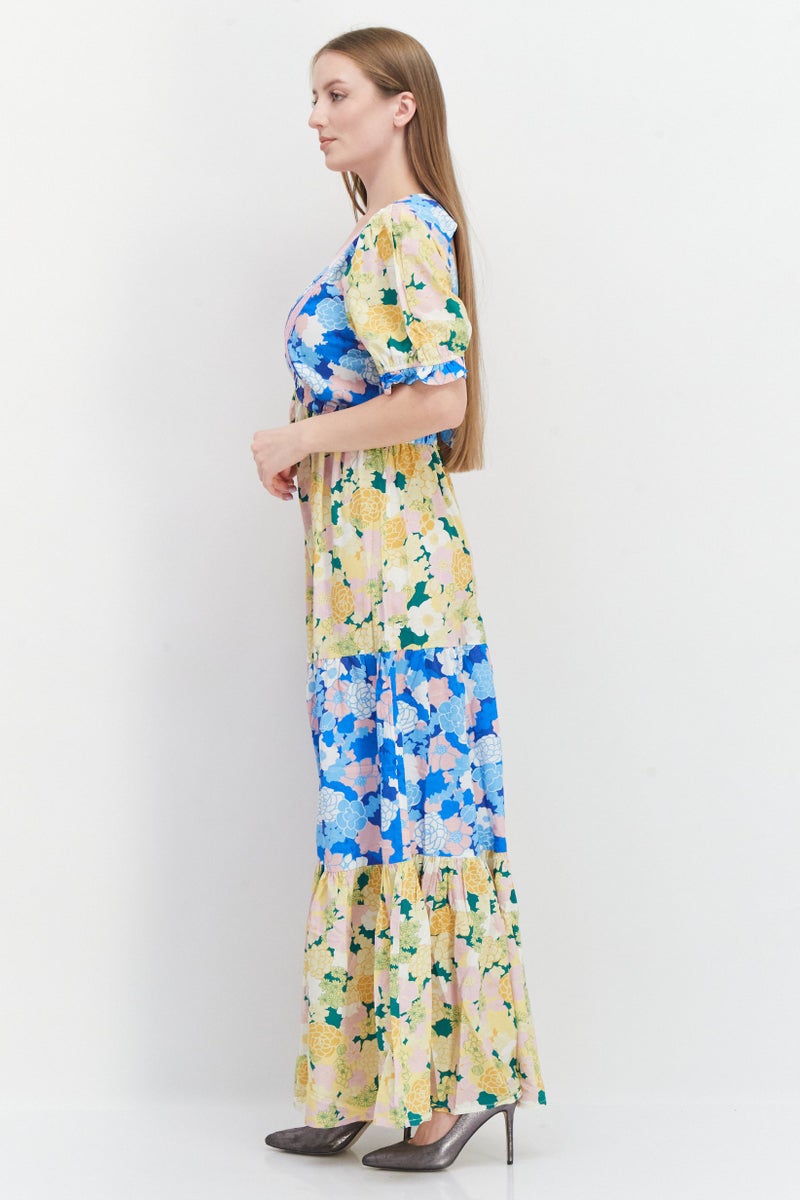 Women Tall Fit Floral Pattern Maxi Dress, Blue Combo