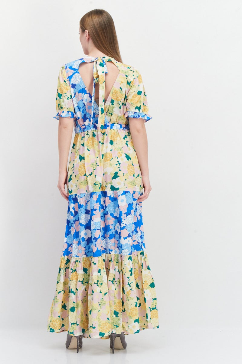 Women Tall Fit Floral Pattern Maxi Dress, Blue Combo