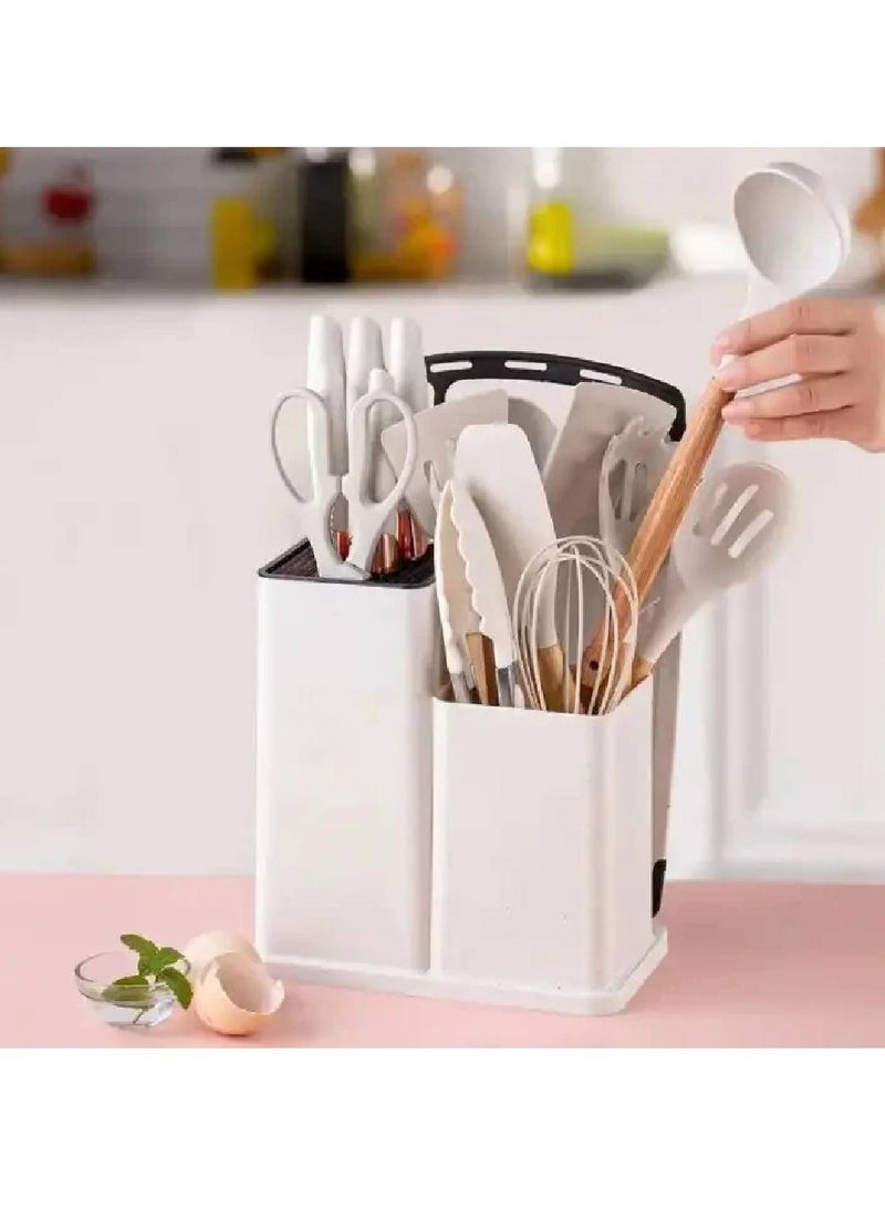 19 Pcs silicone cooking & knife set with board-ash white