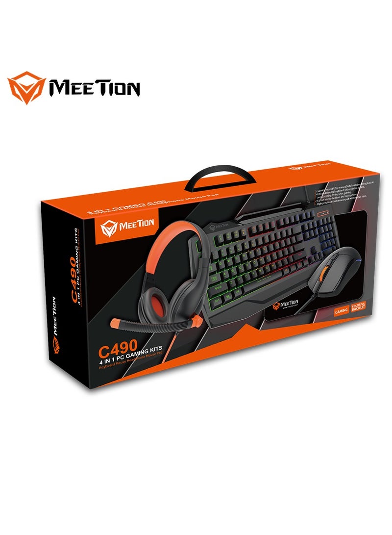 Meetion 4 IN 1 PC Gaming Kits C490 3.5mm stereo headset USB multimedia keyboard with colorful backlit Gaming mouse, max.2400dpi with breathing backlit