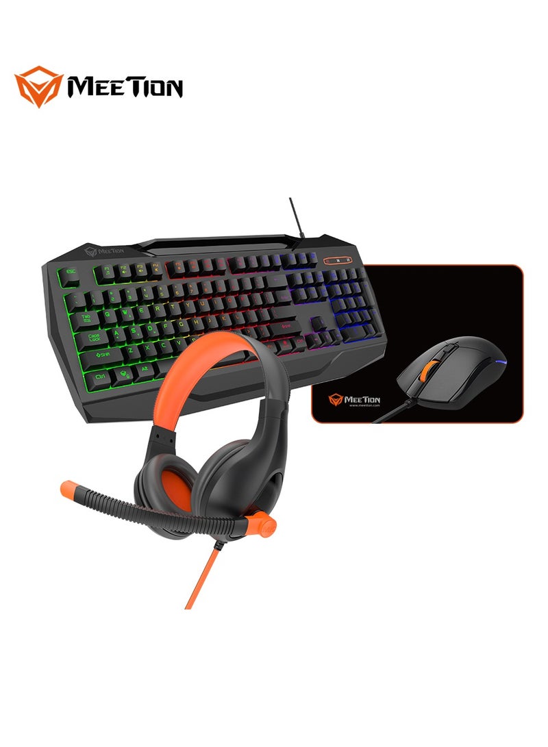 Meetion 4 IN 1 PC Gaming Kits C490 3.5mm stereo headset USB multimedia keyboard with colorful backlit Gaming mouse, max.2400dpi with breathing backlit