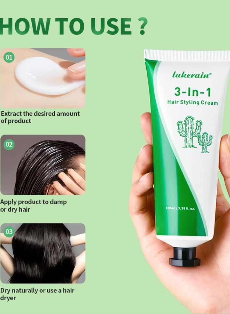 100ml 3 in 1 Hair Styling Cream Style Smooth Frizz and Leaves Hair Soft and Shiny Hair Styling Cream Soft Smooth Moisturize Hydrated Hair Cream Plants Extract Multi Purpose Hair Styling Gel