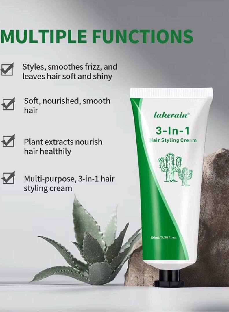 100ml 3 in 1 Hair Styling Cream Style Smooth Frizz and Leaves Hair Soft and Shiny Hair Styling Cream Soft Smooth Moisturize Hydrated Hair Cream Plants Extract Multi Purpose Hair Styling Gel