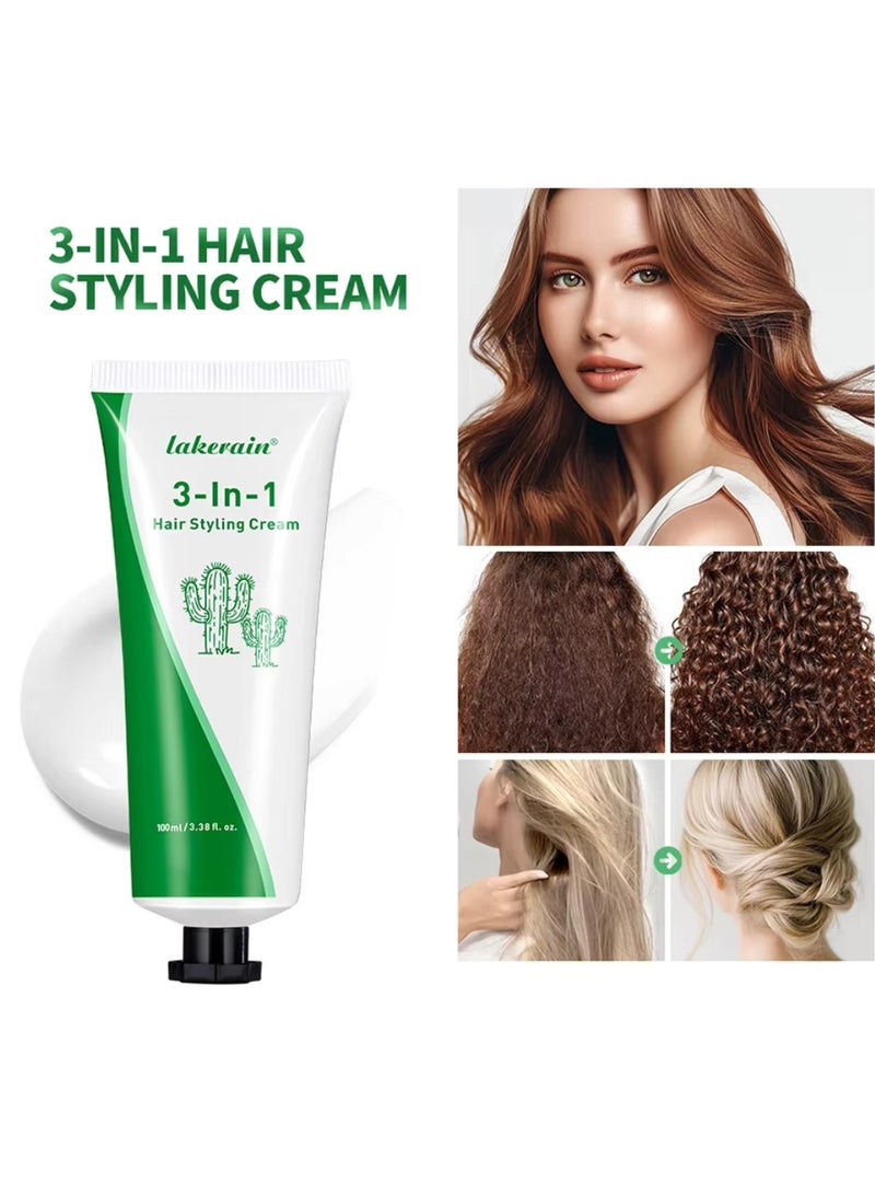 100ml 3 in 1 Hair Styling Cream Style Smooth Frizz and Leaves Hair Soft and Shiny Hair Styling Cream Soft Smooth Moisturize Hydrated Hair Cream Plants Extract Multi Purpose Hair Styling Gel