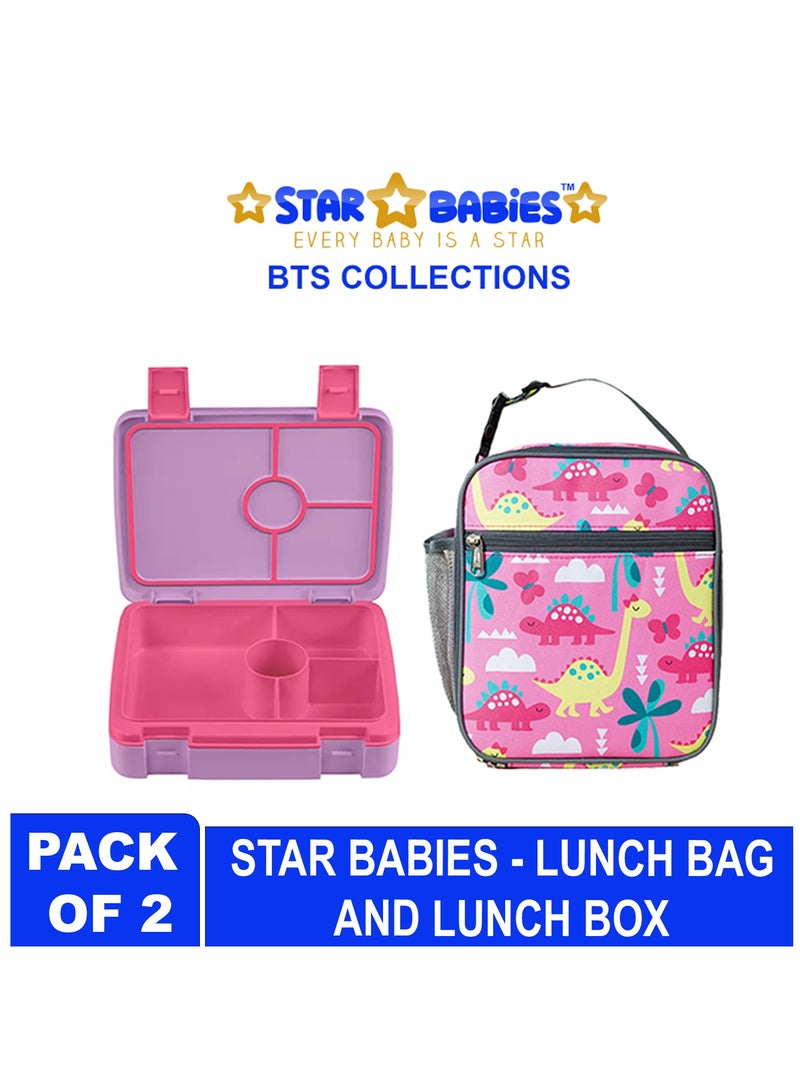 Star Babies BTS Collections - Lunch Box with 4 Compartments, BPA Free, Leakproof, Insulated Reusable Lunch Bag with Waterproof Liner - Pack of 2 -  Pink