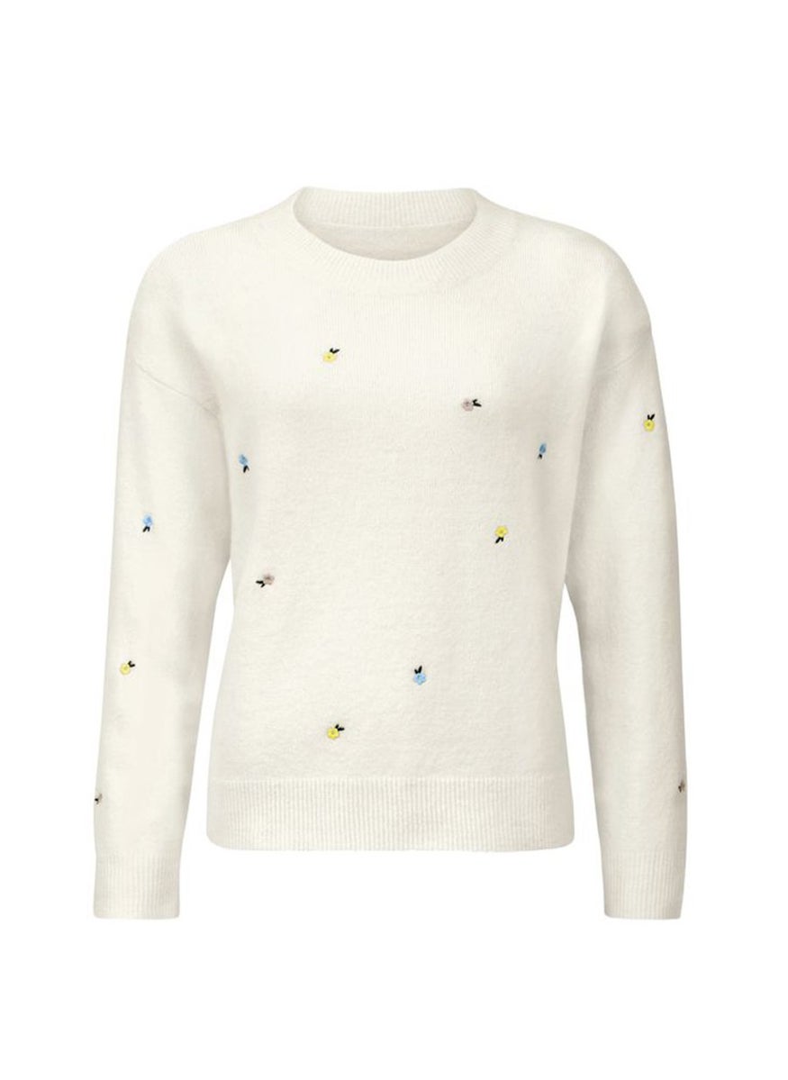 Women Embroidered Long Sleeve Sweater, Ivory