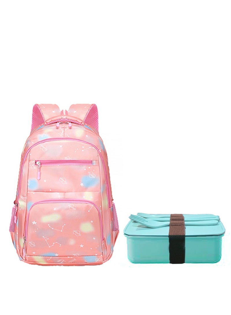 Star Babies BTS Collections - Rainbow  Colorful Backpack, Cute Preppy Style Travel Schoolbag,  BPA Free Lunch Box  with Spoon and Fork - Pack of 2 - Pink