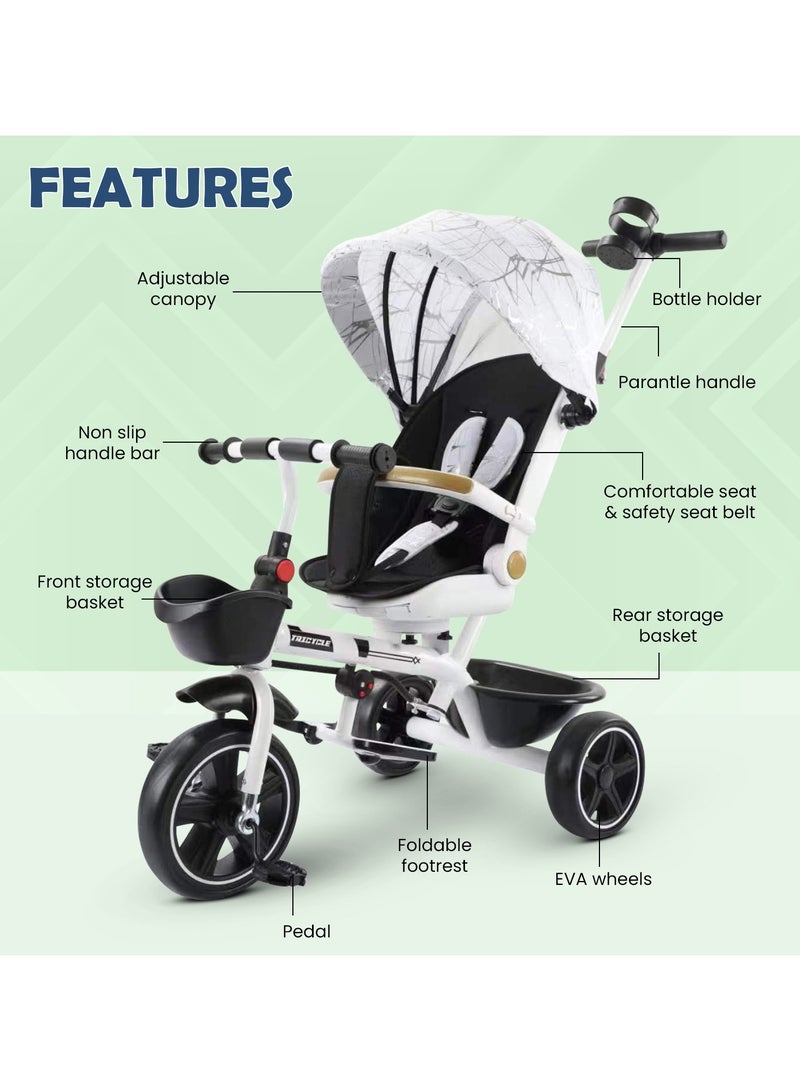 Baybee Tricycle for Kids Baby Cycle with Parental Push Handle, Canopy, 360 Degree Swivel Seat & Cup Holder  Kids cycle Baby Cycle for Kids 1 to 5 Years Boys Girls White