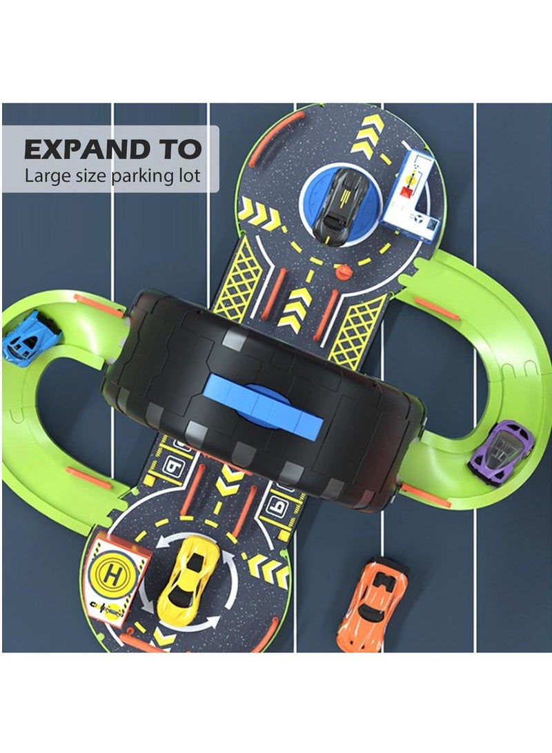 Kids Race Tracks Toys Set Tyre-Shape Car Adventure Toys Puzzle Car Tracks Playsets with 4 Mini Cars Parking Lot Toys Race Car Toys for Birthday Gifts Educational Race Tracks Toys